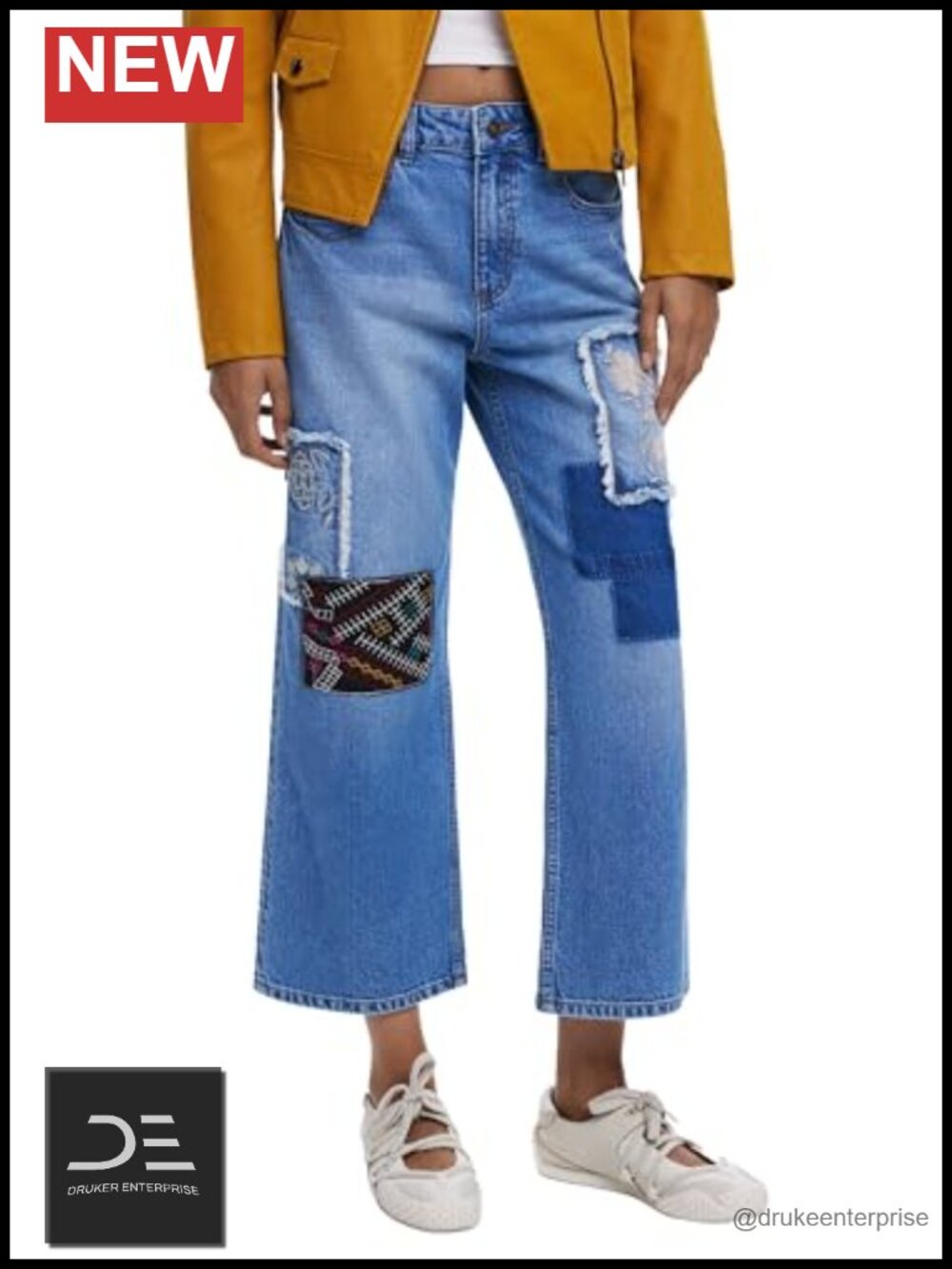 Desigual Denim Patchwork Jeans Mid Rise Straight Leg Loose Fit Cotton Elastane